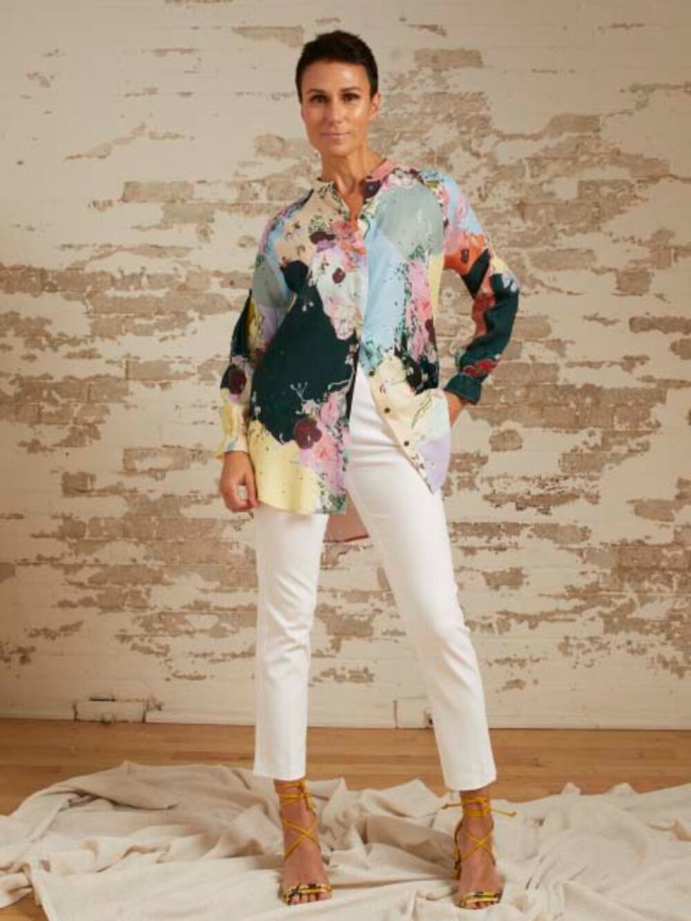COSTER COPENHAGEN Flamingo Flower Cupro Twill Button Down Tunic Shirt, Size 36/S